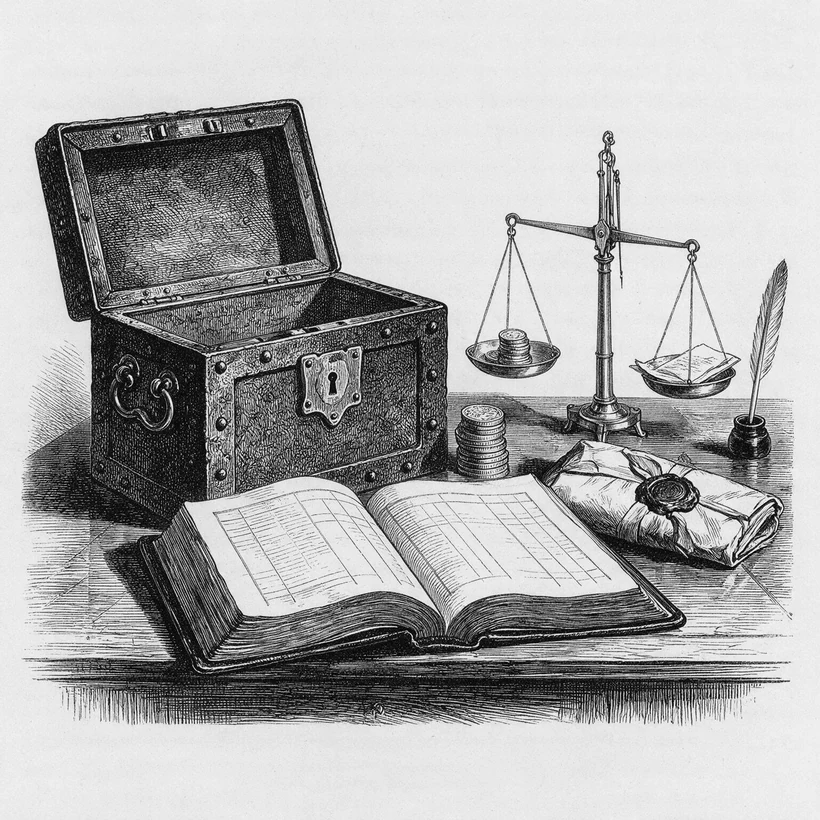 An engraved counting-house desk: an open iron strongbox, a stack of struck coins, a balance scale, an open ledger and a wax-sealed dossier