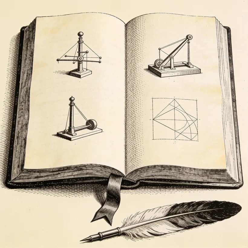 An engraving of an open codex of instrument diagrams — a field manual