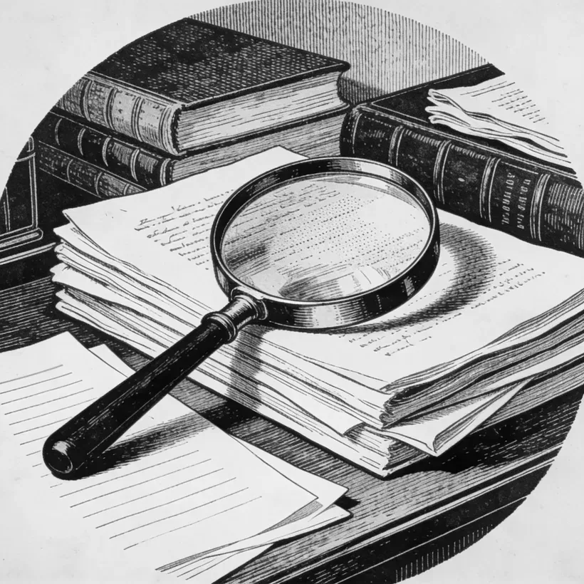 A magnifier over a stack of registry papers and bound volumes