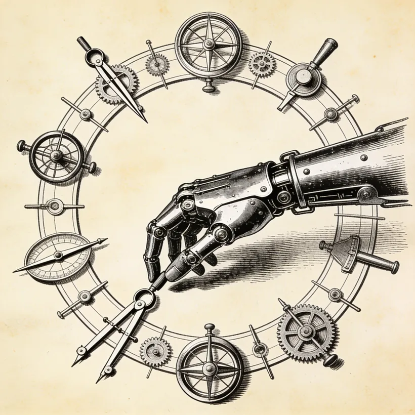 An engraving of a mechanical automaton hand reaching a ring of instruments — agent tool-calling