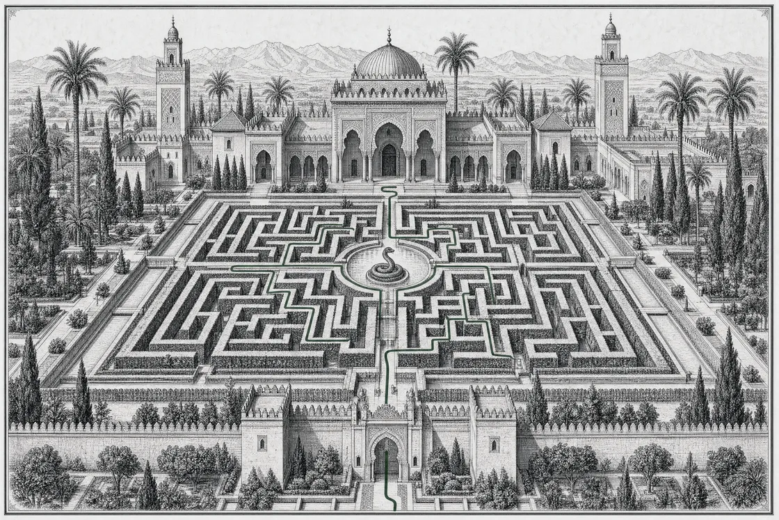 Engraving: a Moorish palace with a labyrinth garden, a serpent at its heart, and a single green thread tracing the one route in